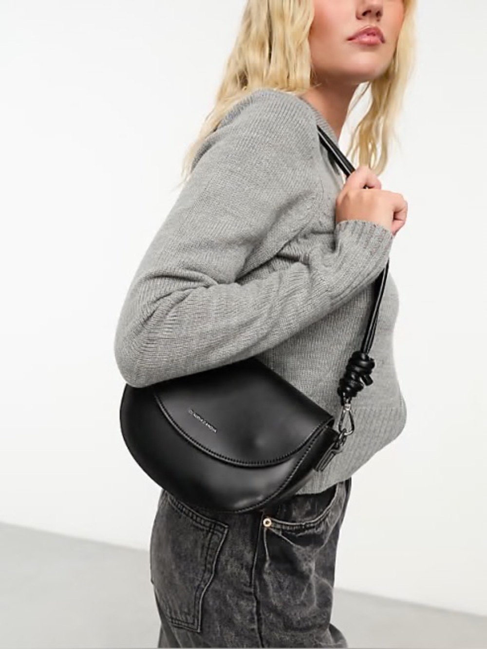 Claudia Canova Faux Leather Saddle Shoulder Bag w/ Knot Strap Detail, Black